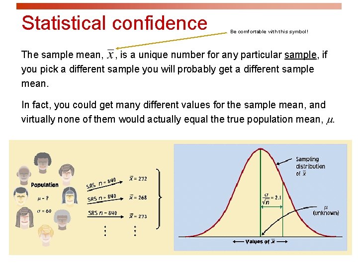 Statistical confidence Be comfortable with this symbol! The sample mean, , is a unique