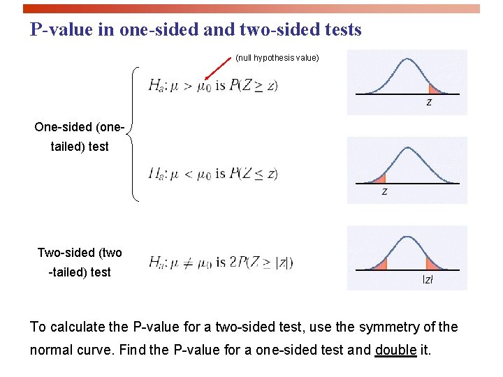 P-value in one-sided and two-sided tests (null hypothesis value) One-sided (onetailed) test Two-sided (two