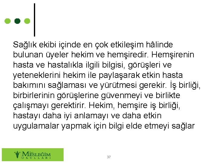 Sağlık ekibi içinde en çok etkileşim hâlinde bulunan üyeler hekim ve hemşiredir. Hemşirenin hasta