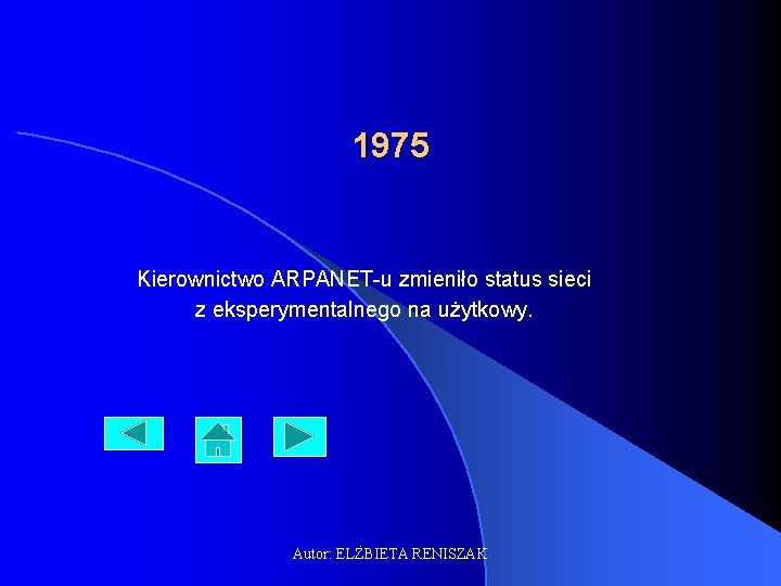 1975 Kierownictwo ARPANET-u zmieniło status sieci z eksperymentalnego na użytkowy. Autor: ELŻBIETA RENISZAK 