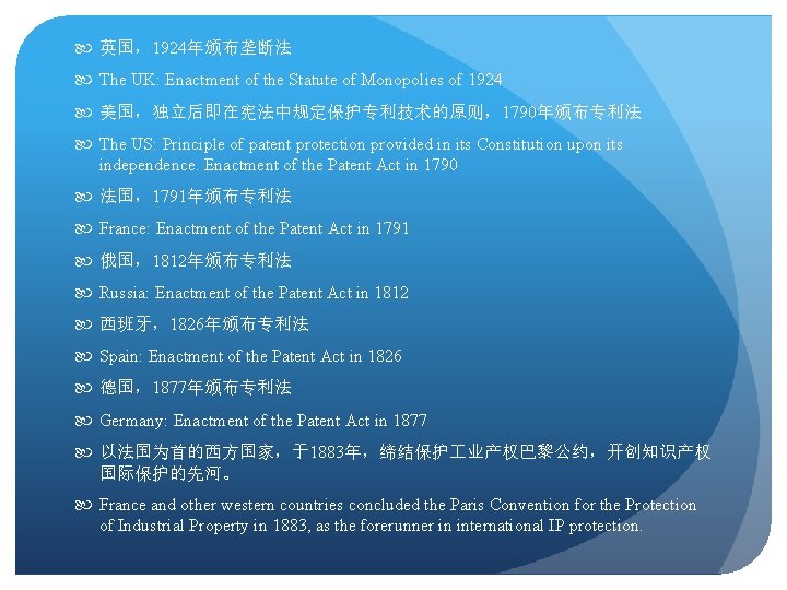  英国，1924年颁布垄断法 The UK: Enactment of the Statute of Monopolies of 1924 美国，独立后即在宪法中规定保护专利技术的原则，1790年颁布专利法 The