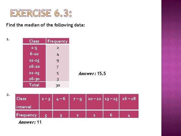 Find the median of the following data: 1. 2. Class 1 -5 6 -10