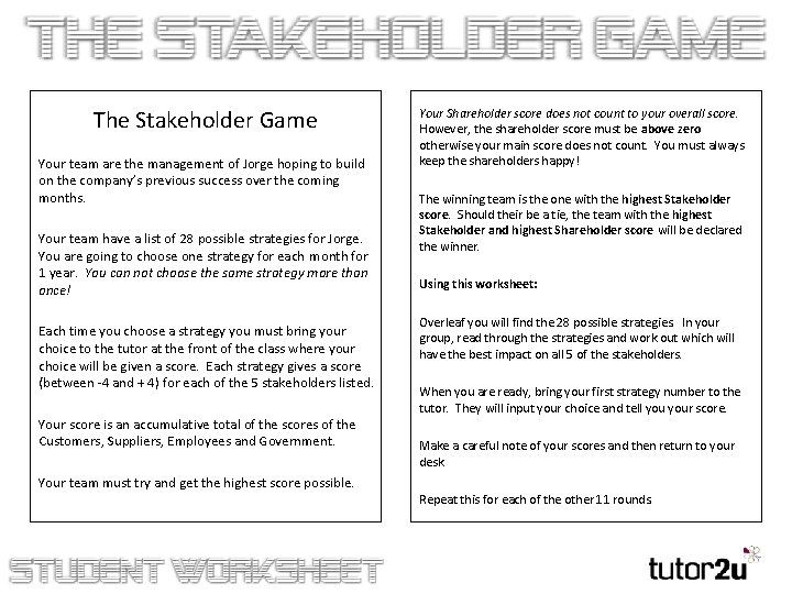 The Stakeholder Game Your team are the management of Jorge hoping to build on