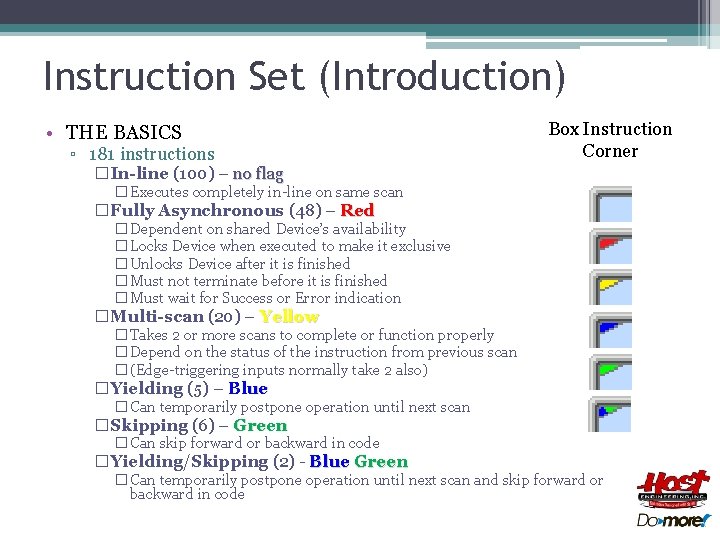 Instruction Set (Introduction) • THE BASICS ▫ 181 instructions Box Instruction Corner �In-line (100)