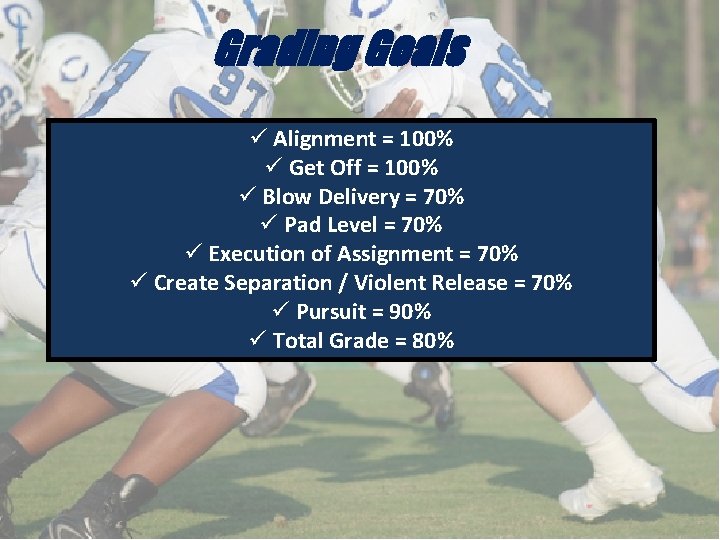 Grading Goals ü Alignment = 100% ü Get Off = 100% ü Blow Delivery Grading Goals ü Alignment = 100% ü Get Off = 100% ü Blow Delivery