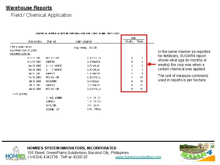 Warehouse Reports Field / Chemical Application In the same manner as reported for fertilizers, Warehouse Reports Field / Chemical Application In the same manner as reported for fertilizers,