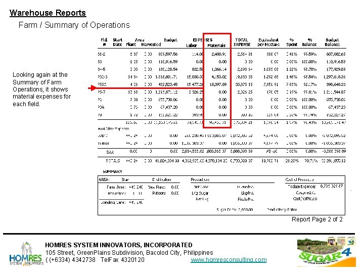 Warehouse Reports Farm / Summary of Operations Looking again at the Summary of Farm Warehouse Reports Farm / Summary of Operations Looking again at the Summary of Farm