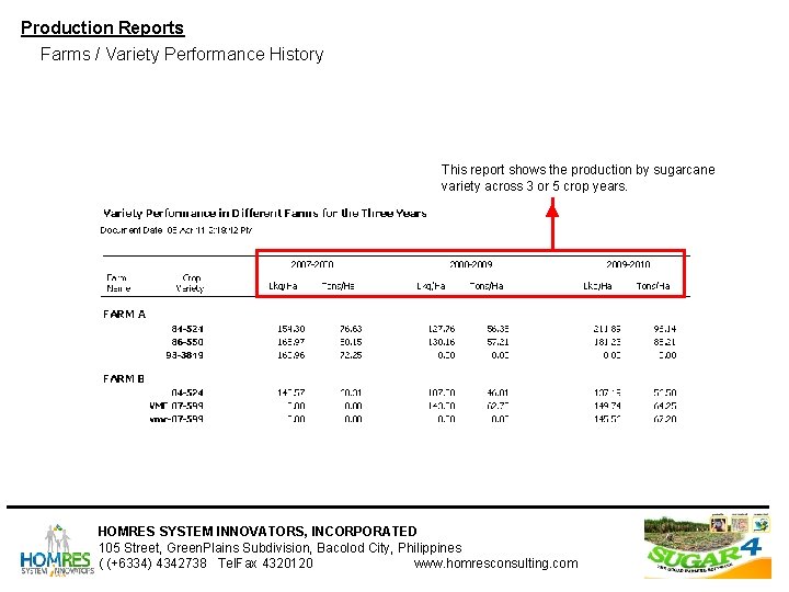 Production Reports Farms / Variety Performance History This report shows the production by sugarcane Production Reports Farms / Variety Performance History This report shows the production by sugarcane