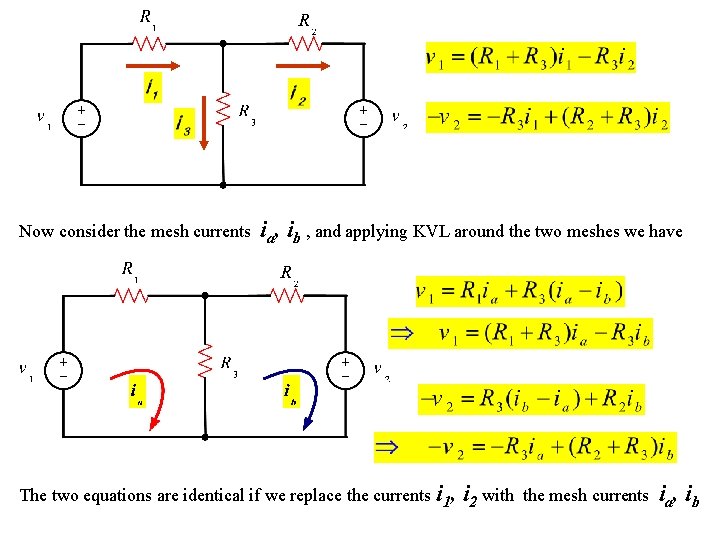 Now consider the mesh currents ia, ib , and applying KVL around the two