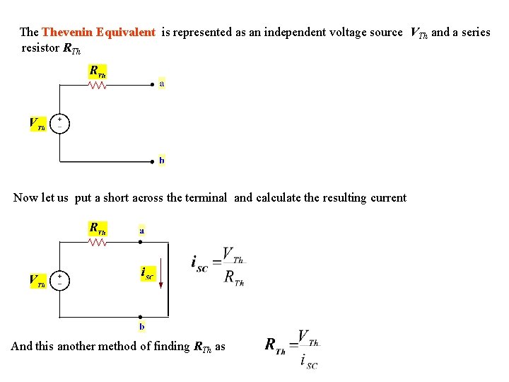 The Thevenin Equivalent is represented as an independent voltage source VTh and a series