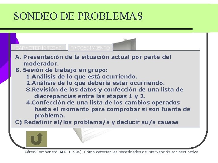 SONDEO DE PROBLEMAS CARACTERÍSTICAS PROCEDIMIENTO A. Presentación de con la situación actual por parte SONDEO DE PROBLEMAS CARACTERÍSTICAS PROCEDIMIENTO A. Presentación de con la situación actual por parte