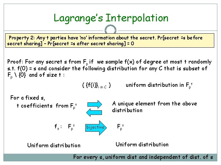 Lagrange’s Interpolation Property 2: Any t parties have ‘no’ information about the secret. Pr[secret