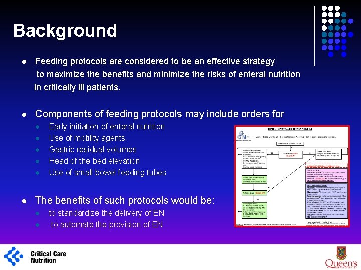 Background l Feeding protocols are considered to be an effective strategy to maximize the