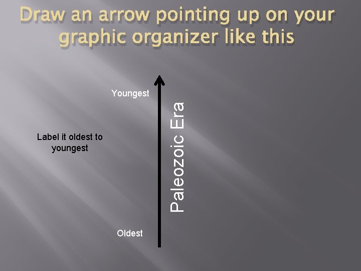 Draw an arrow pointing up on your graphic organizer like this Paleozoic Era Youngest