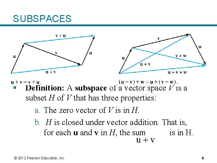 SUBSPACES § Definition: A subspace of a vector space V is a subset H