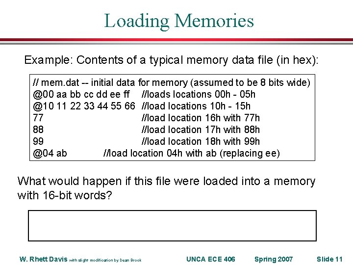 Loading Memories Example: Contents of a typical memory data file (in hex): // mem.