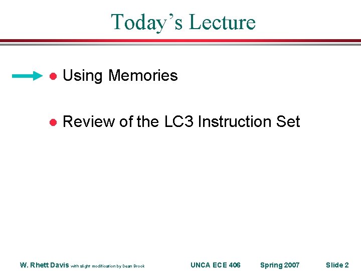 Today’s Lecture l Using Memories l Review of the LC 3 Instruction Set W. Today’s Lecture l Using Memories l Review of the LC 3 Instruction Set W.