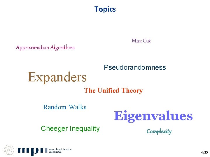 Topics Max Cut Approximation Algorithms Expanders Pseudorandomness The Unified Theory Random Walks Cheeger Inequality