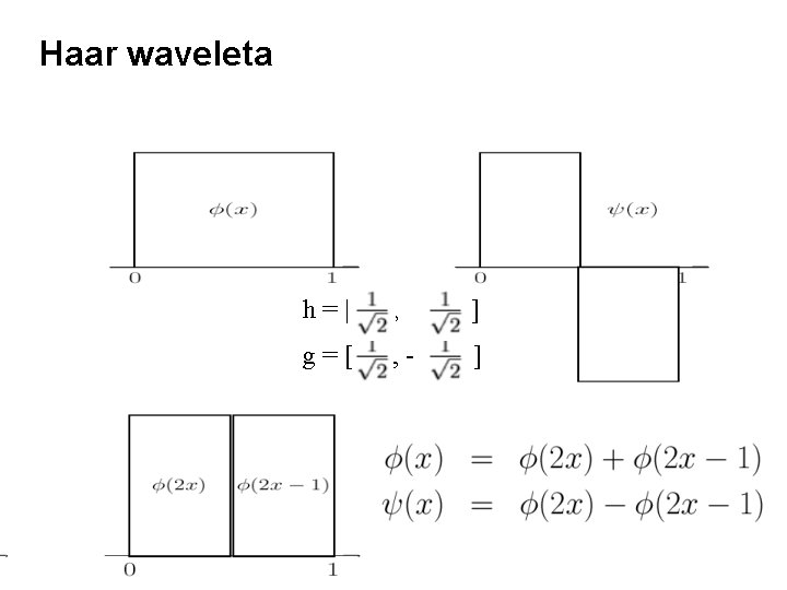 Haar waveleta h=[ , ] g=[ , - ] 