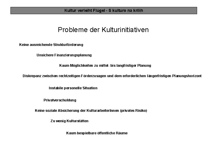 Kultur verleiht Flügel - S kulturo na krilih Probleme der Kulturinitiativen Keine ausreichende Strukturförderung