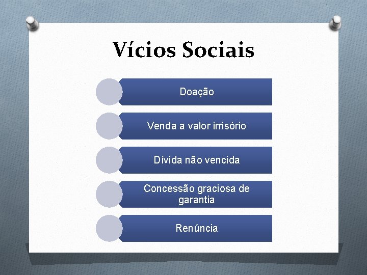 Vícios Sociais Doação Venda a valor irrisório Dívida não vencida Concessão graciosa de garantia Vícios Sociais Doação Venda a valor irrisório Dívida não vencida Concessão graciosa de garantia