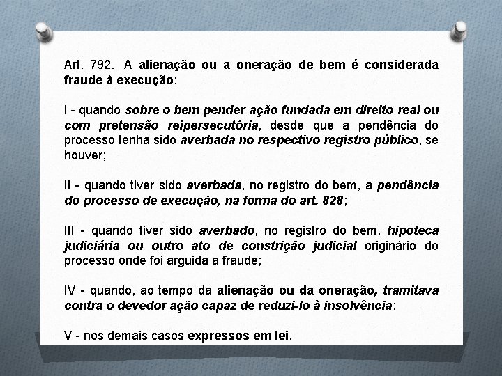 Art. 792. A alienação ou a oneração de bem é considerada fraude à execução: Art. 792. A alienação ou a oneração de bem é considerada fraude à execução: