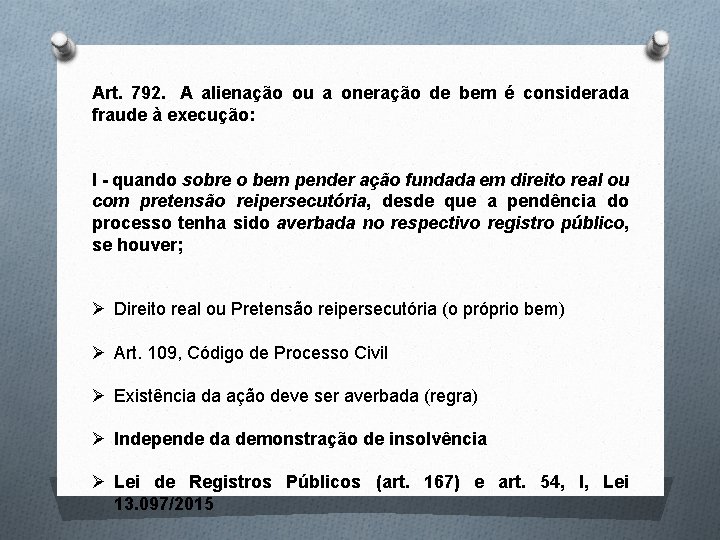 Art. 792. A alienação ou a oneração de bem é considerada fraude à execução: Art. 792. A alienação ou a oneração de bem é considerada fraude à execução: