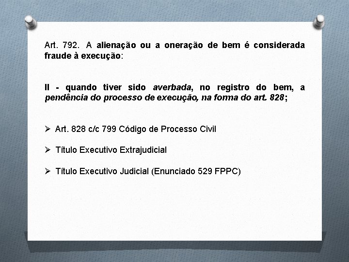 Art. 792. A alienação ou a oneração de bem é considerada fraude à execução: Art. 792. A alienação ou a oneração de bem é considerada fraude à execução: