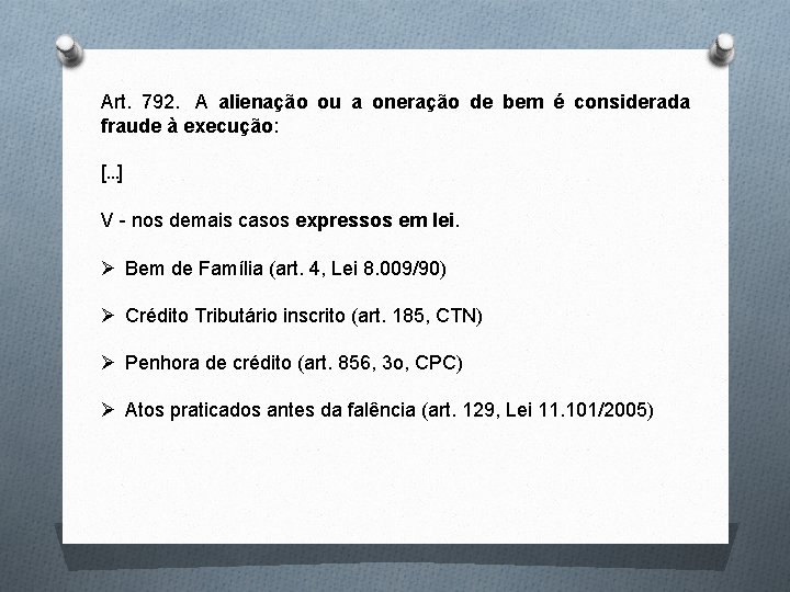 Art. 792. A alienação ou a oneração de bem é considerada fraude à execução: Art. 792. A alienação ou a oneração de bem é considerada fraude à execução: