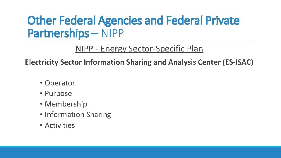 Other Federal Agencies and Federal Private Partnerships – NIPP - Energy Sector-Specific Plan Electricity