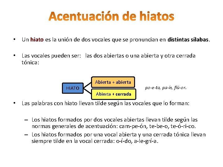  • Un hiato es la unión de dos vocales que se pronuncian en