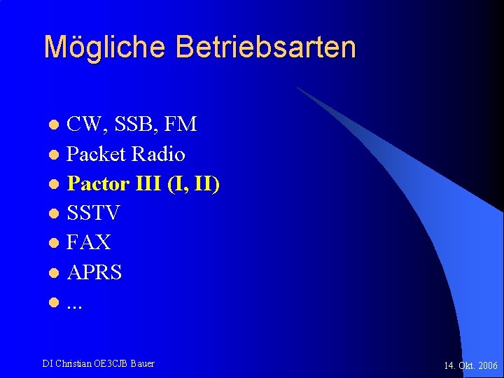 Mögliche Betriebsarten CW, SSB, FM l Packet Radio l Pactor III (I, II) l