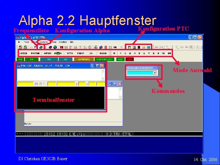 Alpha 2. 2 Hauptfenster Konfiguration PTC Frequenzliste Konfiguration Alpha Mode Auswahl Kommandos Terminalfenster DI