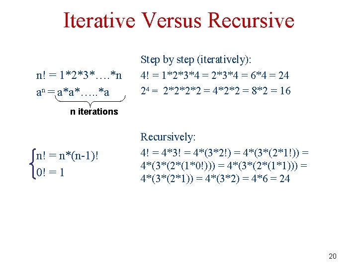 Iterative Versus Recursive n! = 1*2*3*…. *n an = a*a*…. . *a Step by