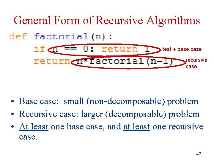 General Form of Recursive Algorithms test + base case recursive case • Base case: