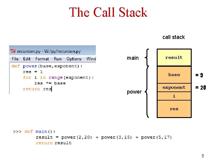 The Call Stack call stack main result base power exponent =5 3 2 =