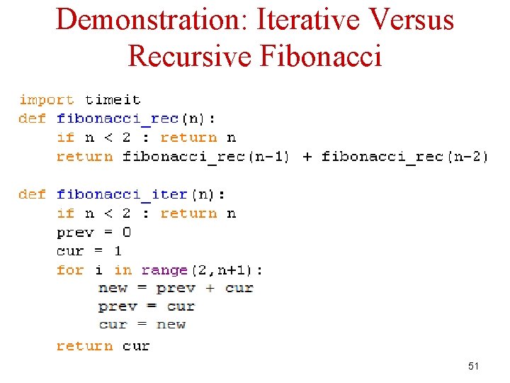 Demonstration: Iterative Versus Recursive Fibonacci 51 