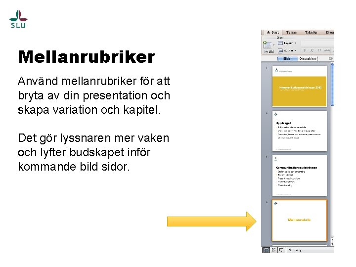 Mellanrubriker Använd mellanrubriker för att bryta av din presentation och skapa variation och kapitel.