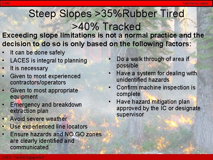 S-330 Task Force Leader Steep Slopes >35%Rubber Tired >40% Tracked Exceeding slope limitations is