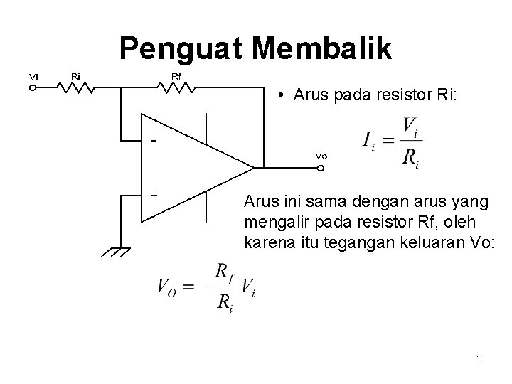 Penguat Membalik • Arus pada resistor Ri: Arus ini sama dengan arus yang mengalir