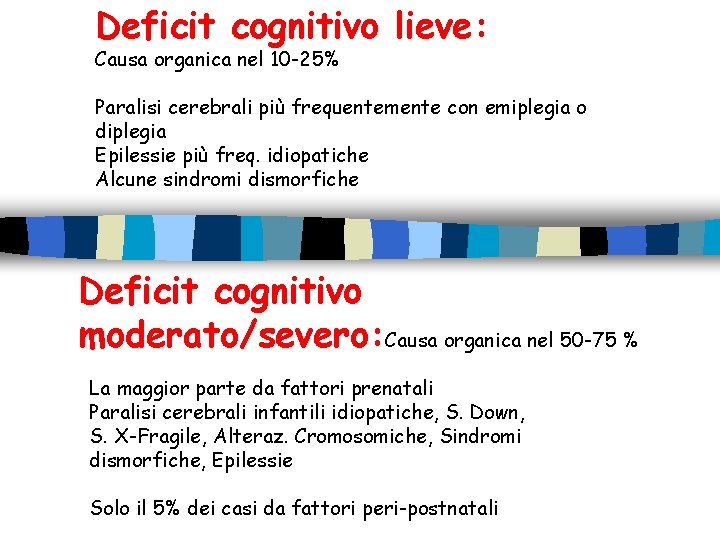 Deficit cognitivo lieve: Causa organica nel 10 -25% Paralisi cerebrali più frequentemente con emiplegia Deficit cognitivo lieve: Causa organica nel 10 -25% Paralisi cerebrali più frequentemente con emiplegia