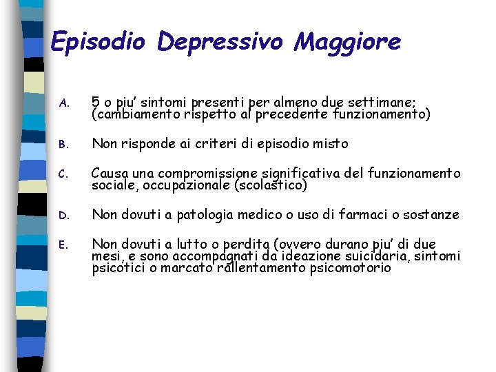 Episodio Depressivo Maggiore A. 5 o piu’ sintomi presenti per almeno due settimane; (cambiamento Episodio Depressivo Maggiore A. 5 o piu’ sintomi presenti per almeno due settimane; (cambiamento