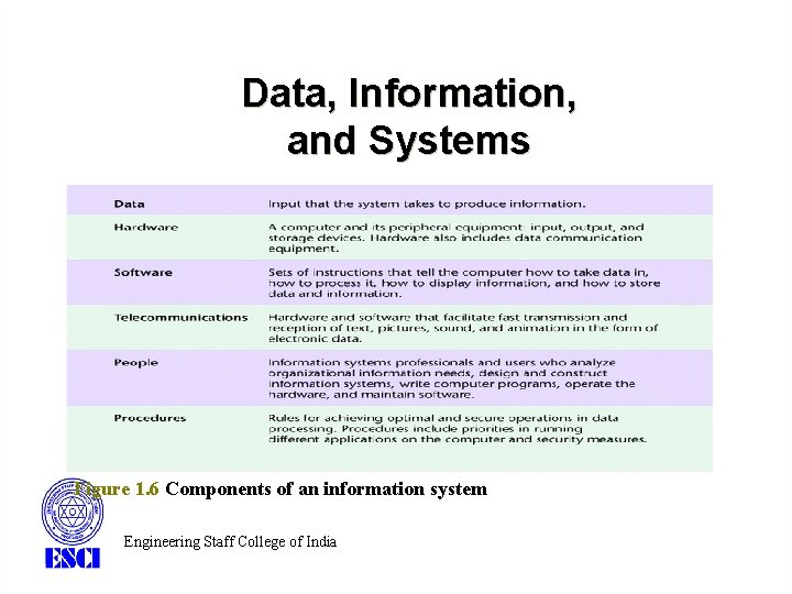 Data, Information, and Systems Figure 1. 6 Components of an information system Engineering Staff Data, Information, and Systems Figure 1. 6 Components of an information system Engineering Staff