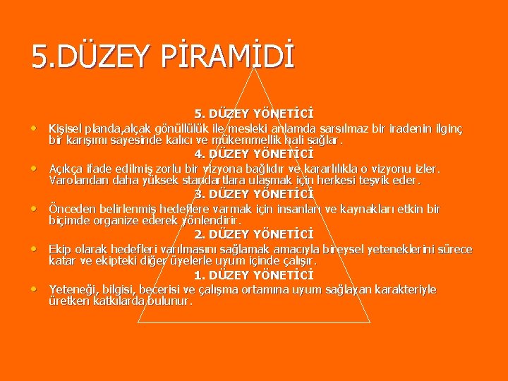 5. DÜZEY PİRAMİDİ • • • 5. DÜZEY YÖNETİCİ Kişisel planda, alçak gönüllülük ile 5. DÜZEY PİRAMİDİ • • • 5. DÜZEY YÖNETİCİ Kişisel planda, alçak gönüllülük ile