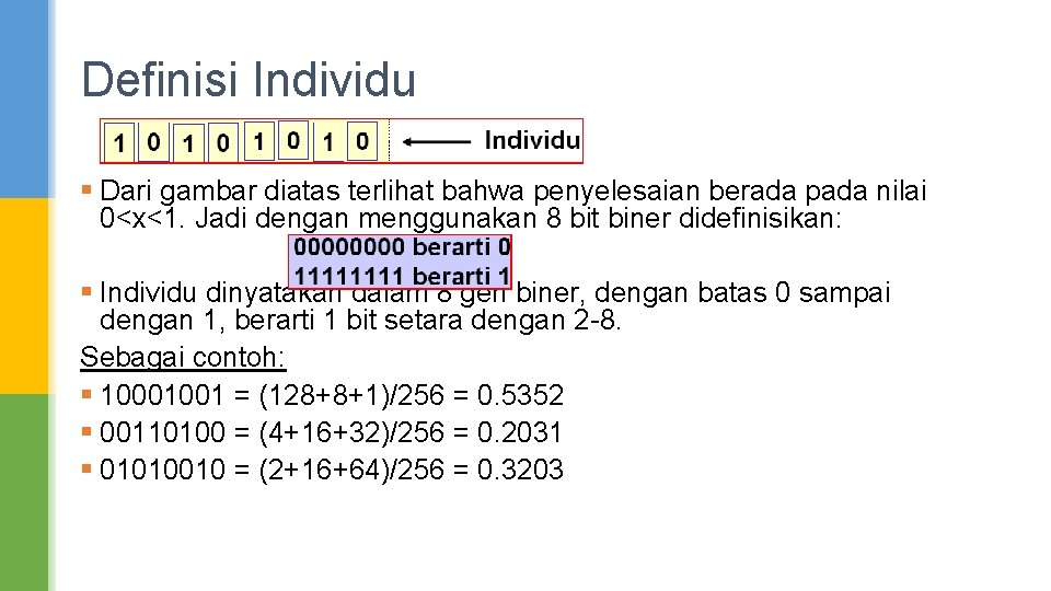 Definisi Individu § Dari gambar diatas terlihat bahwa penyelesaian berada pada nilai 0<x<1. Jadi