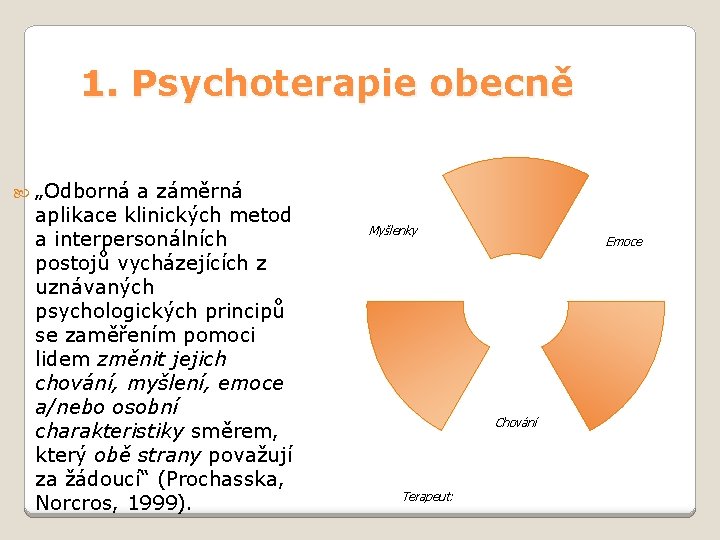 1. Psychoterapie obecně „Odborná a záměrná aplikace klinických metod a interpersonálních postojů vycházejících z