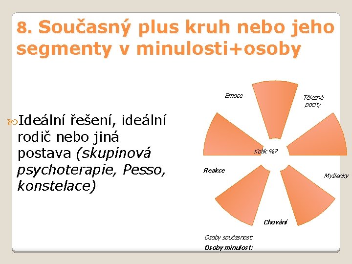 8. Současný plus kruh nebo jeho segmenty v minulosti+osoby Emoce Tělesné pocity Ideální řešení,