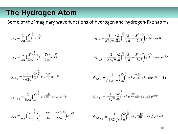 The Hydrogen Atom Some of the imaginary wave functions of hydrogen and hydrogen-like atoms.