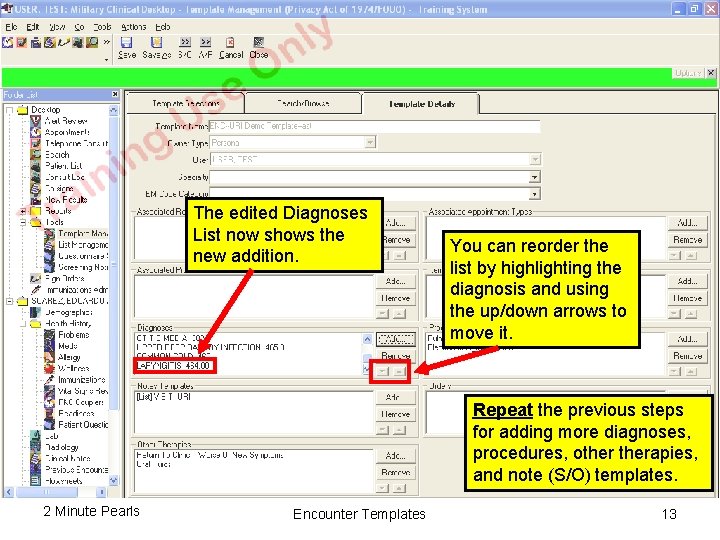 The edited Diagnoses List now shows the new addition. You can reorder the list