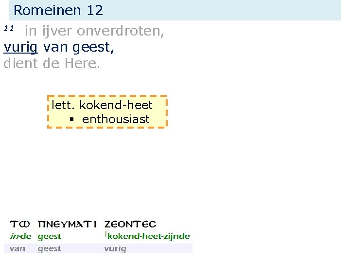 Romeinen 12 11 in ijver onverdroten, vurig van geest, dient de Here. lett. kokend-heet